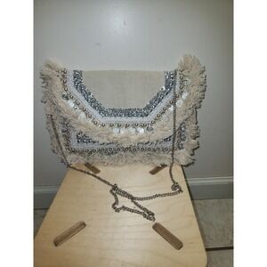 Lulus Boho Beaded Fringe Crossbody Bag Silver Coin Burlap Clutch New with Tags